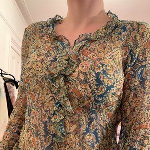 Paisley silk sheer ruffle blouse